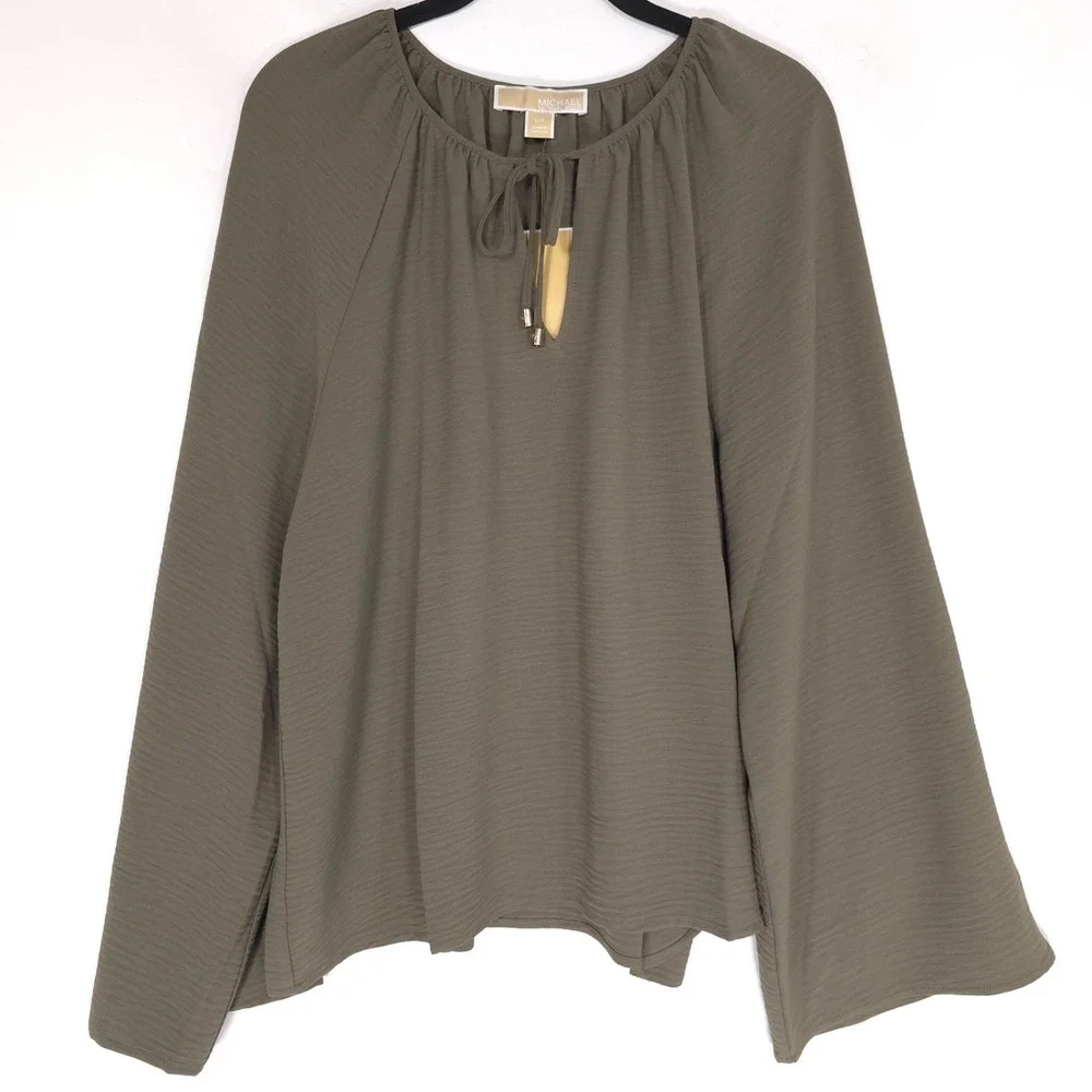 MICHAEL KORS Women's New Top Blouse LARGE Olive Bell Sleeve Casual QS540USDQ0